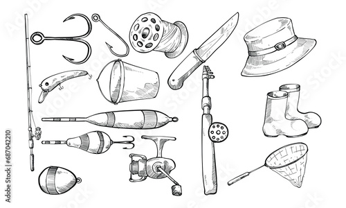 fishing tools handdrawn collection