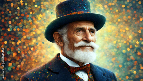 Portrait eines sehr alten Mannes. Lieber Opa mit Anzug, Fliege, Hut und weißem Bart.. gepunktetes Design photo