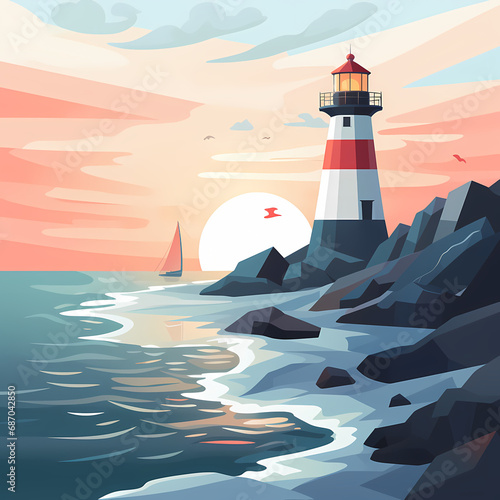 a minimalist coastal scene with a lighthouse and gentle waves.