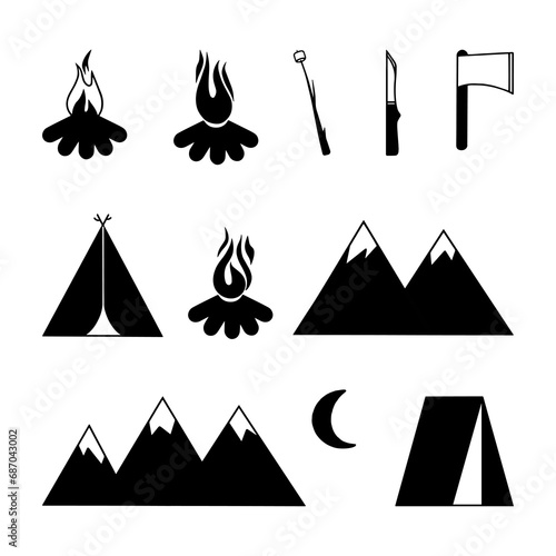 Vector mountains icons, flames, tents isolated on white