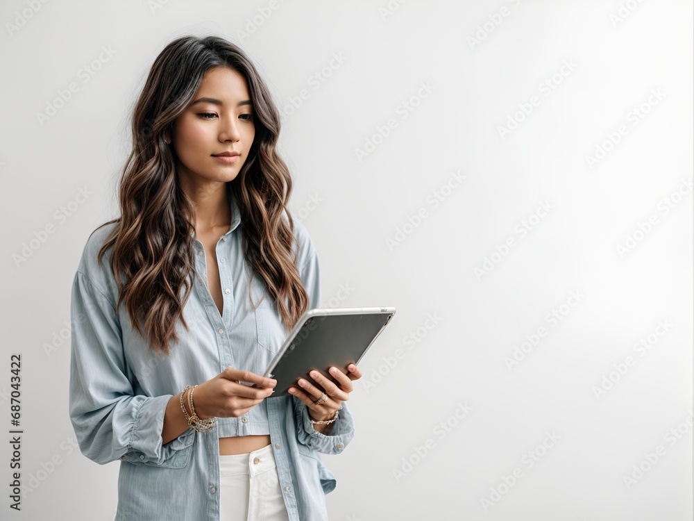 a female traveler holding a tablet, on a white background a female traveler holding a tablet, on a white background