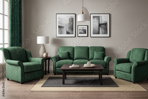 Interior design mockup with picture frame on a Wall. Living room in colors with sofa and painting.
