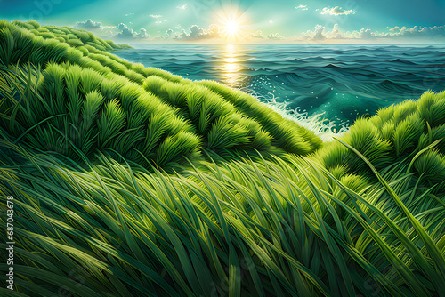 a picture of green grass and blue sea Generative AI