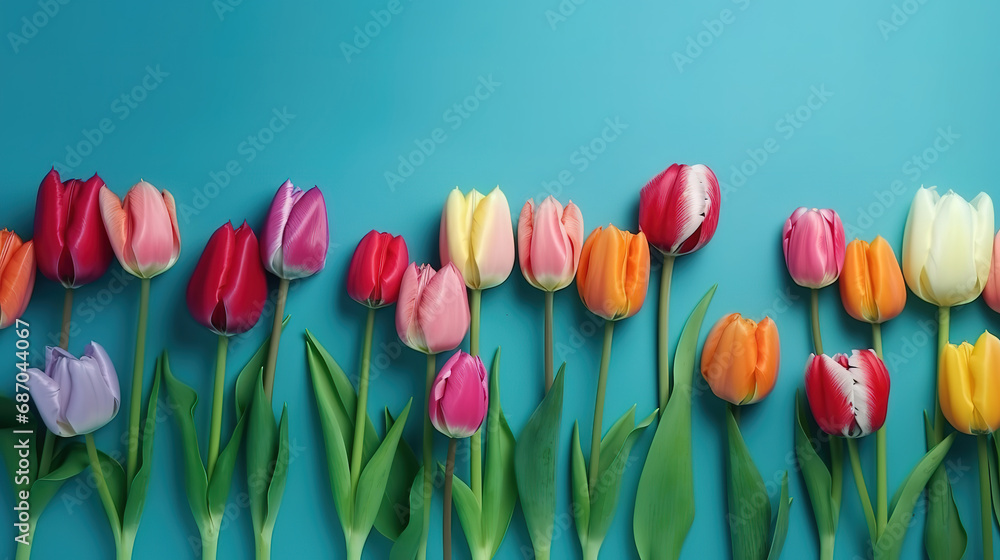 Pink flowers. Tulips bouquet isolated on blue background. Gradient. Shadow. Top view. Generative Ai