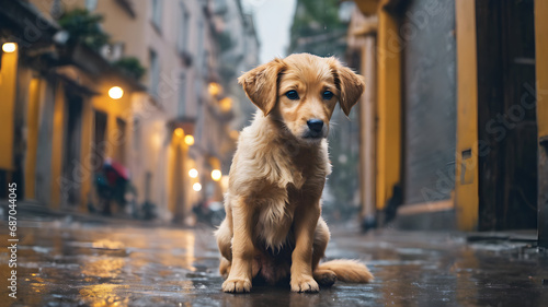Abandoned hungry dog sitting alone on the street under rain. Generative Ai