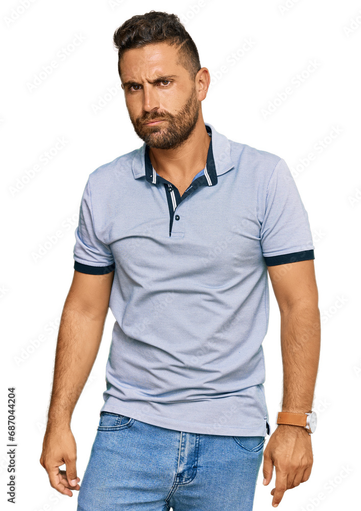 Handsome man with beard wearing casual clothes skeptic and nervous, frowning upset because of problem. negative person. Handsome man with beard wearing casual clothes skeptic and nervous, frowning upset because of problem. negative person.