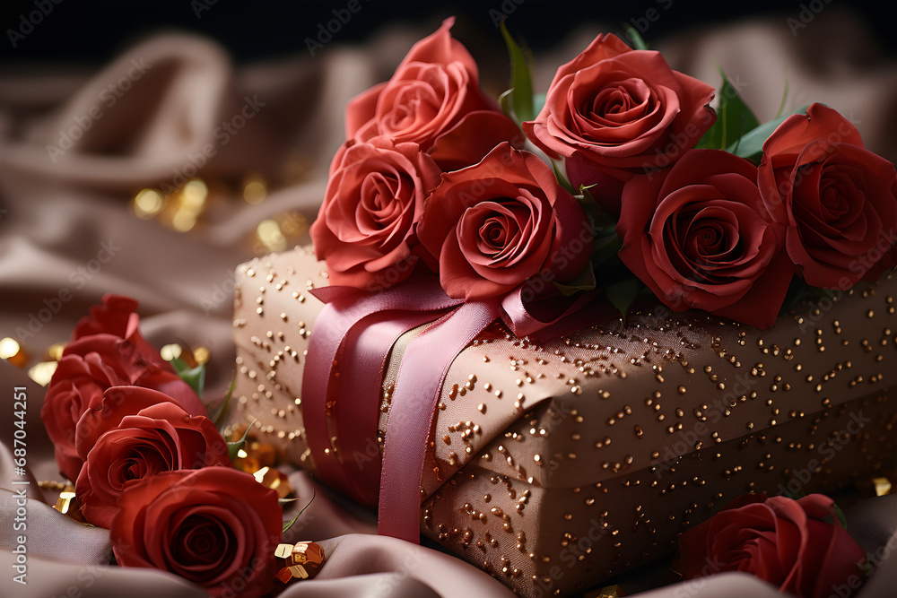 Gift box with red roses on satin background, close up, valentine's day concept, ai generated Gift box with red roses on satin background, close up, valentine's day concept, ai generated