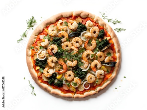 A pizza with a seaweed-infused dough, topped with a mix of seafood
