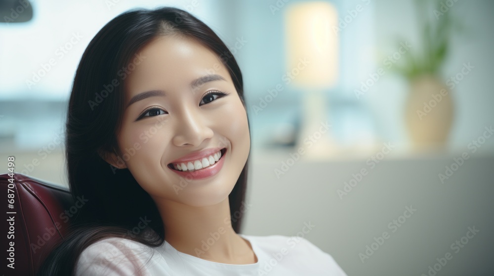 Beautiful smiling Asian woman sitting in a room. Portrait of a laughing Chinese girl with perfect teeth waiting in an office. Cheerful young Japanese female sitting in a chair, indoor closeup. Beautiful smiling Asian woman sitting in a room. Portrait of a laughing Chinese girl with perfect teeth waiting in an office. Cheerful young Japanese female sitting in a chair, indoor closeup.