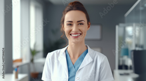 Smiling woman doctor standing in a clinic with a lab coat. Medicine and healthcare concept. Portrait of a beautiful happy female caucasian nurse standing in a new, clean hospital corridor.