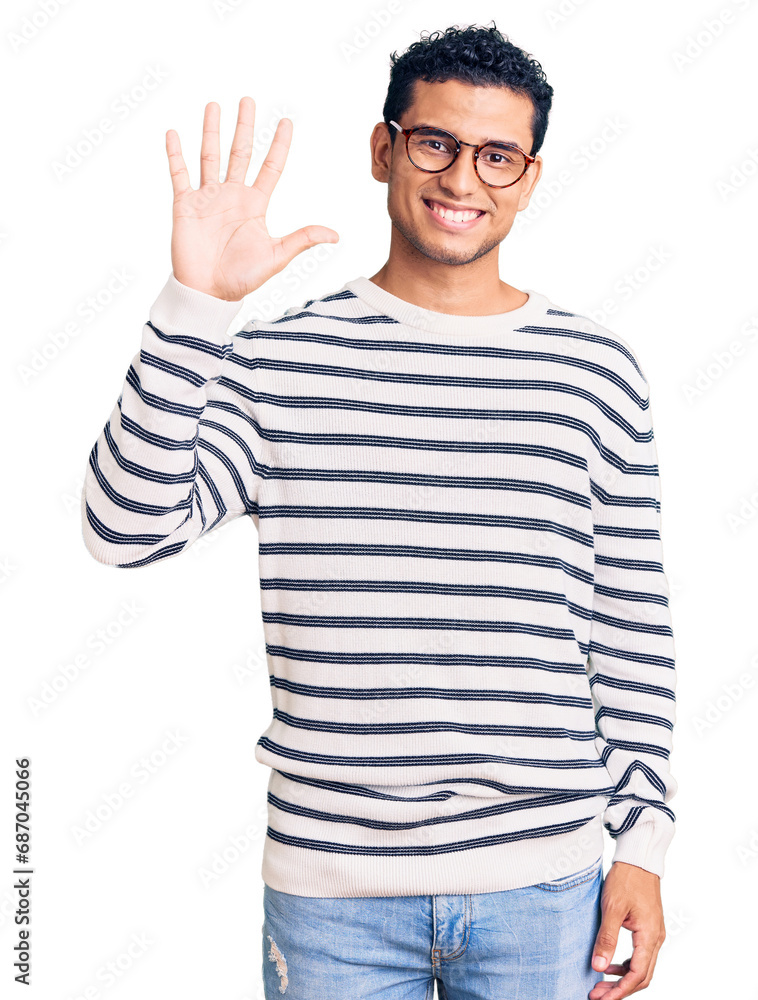 Hispanic handsome young man wearing casual clothes and glasses showing and pointing up with fingers number five while smiling confident and happy. Hispanic handsome young man wearing casual clothes and glasses showing and pointing up with fingers number five while smiling confident and happy.