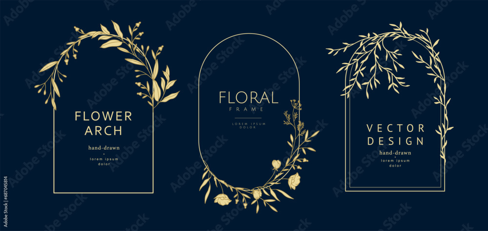 Luxury hand drawn floral frames. Elegant arched frames with golden flowers on a blue background. Botanical vector illustration for label, logo, branding, wedding invitation, save the date - obrazy, fototapety, plakaty 