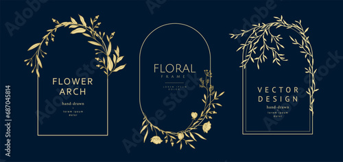 Luxury hand drawn floral frames. Elegant arched frames with golden flowers on a blue background. Botanical vector illustration for label, logo, branding, wedding invitation, save the date