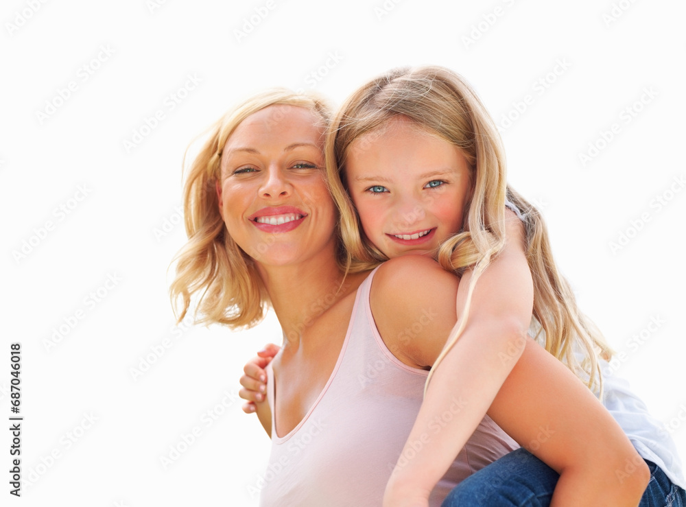 Portrait, piggy back and mother with girl, smile or fun with happiness, bonding together or outdoor. Face, family or mama carrying daughter with joy, play or love on white background and mockup space Portrait, piggy back and mother with girl, smile or fun with happiness, bonding together or outdoor. Face, family or mama carrying daughter with joy, play or love on white background and mockup space