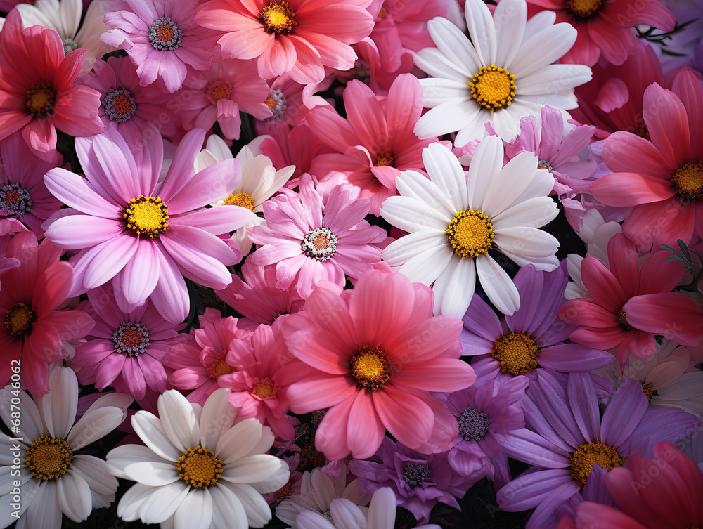 Meadow with lots of white and pink spring daisy flowers. Generative Ai Meadow with lots of white and pink spring daisy flowers. Generative Ai