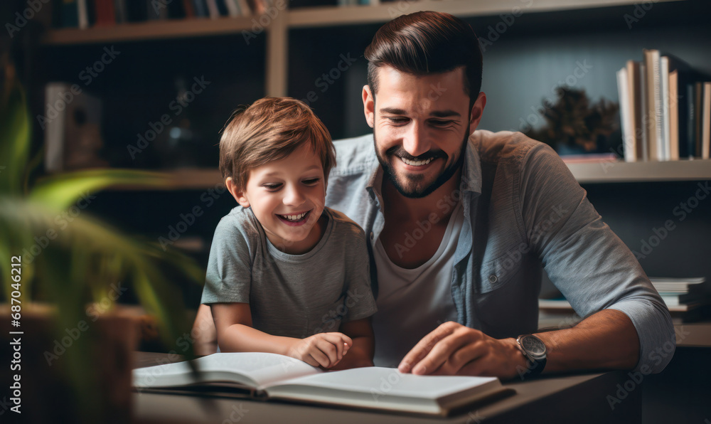 Father and son bonding together Father teaches child homework in living room, quality time at home