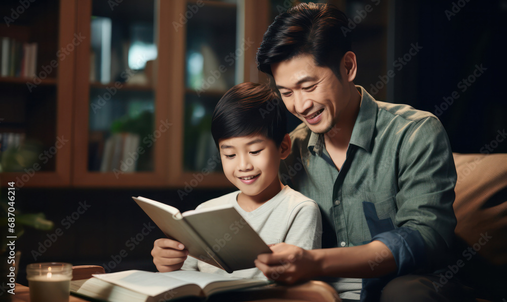 Father and son bonding together Father teaches child homework in living room, quality time at home Father and son bonding together Father teaches child homework in living room, quality time at home