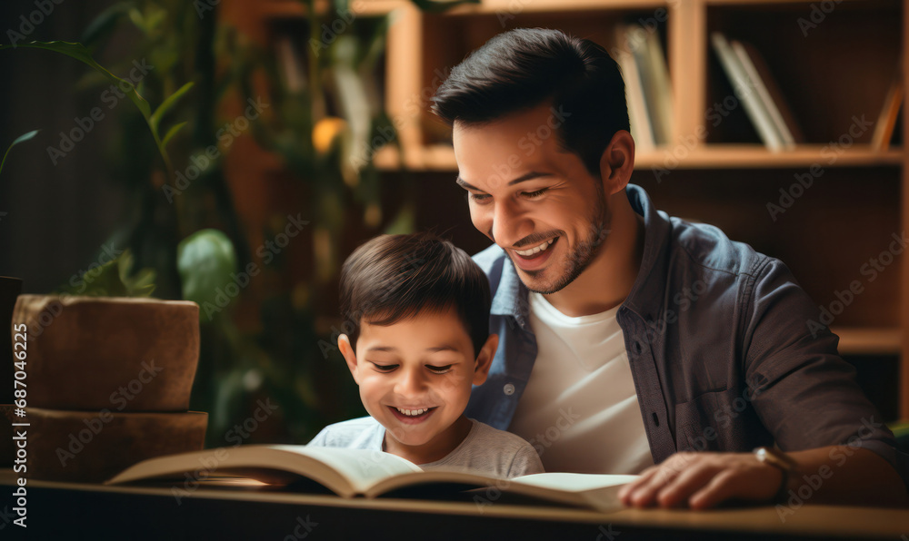 Father and son bonding together Father teaches child homework in living room, quality time at home Father and son bonding together Father teaches child homework in living room, quality time at home
