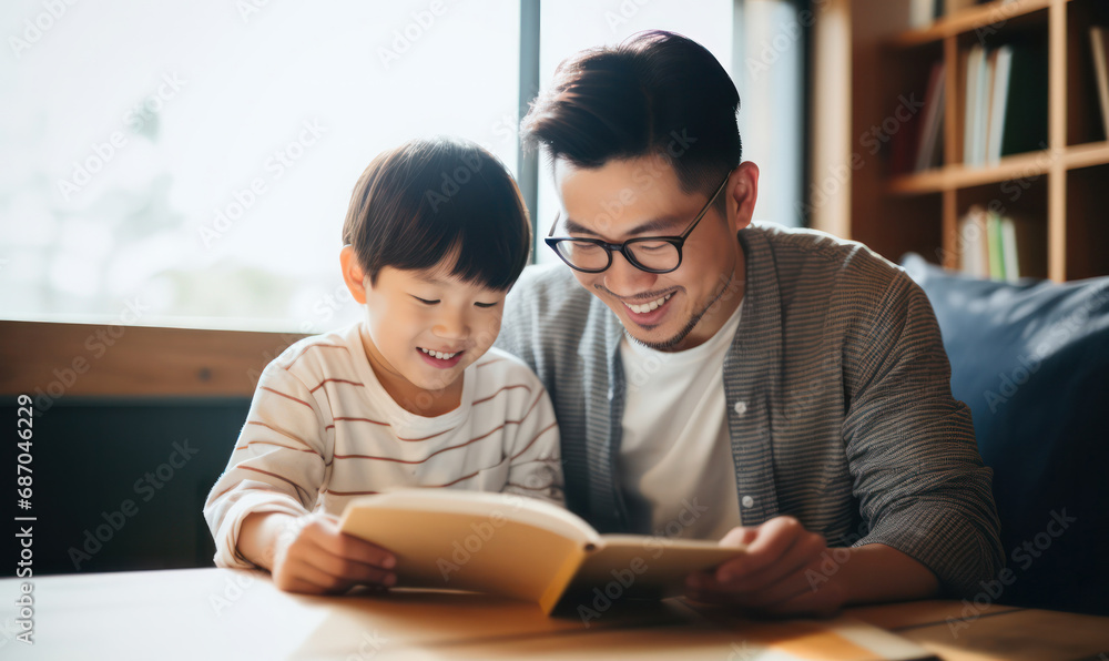 Father and son bonding together Father teaches child homework in living room, quality time at home Father and son bonding together Father teaches child homework in living room, quality time at home