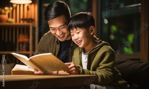 Father and son bonding together Father teaches child homework in living room, quality time at home