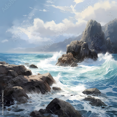 a simple seascape with a rocky shore and crashing waves.