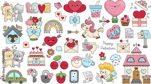 Vector cartoon set of Saint Valentine day elements with cupid  unicorn  hearts  cats  rainbow  perfect match. Cute funny kawaii line illustrations or icons for kids with love concept.