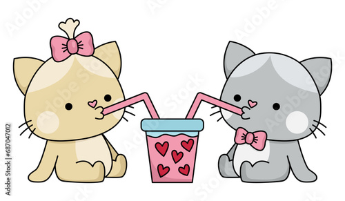 Vector cartoon kawaii cat pair drinking bubble tea. Kitties isolated clipart. Cute kitten colored outlined illustration. Funny Saint Valentine day icon for kids with love concept.