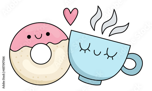 Vector cartoon kawaii donut and cup. Dessert isolated clipart. Cute Saint Valentine day illustration. Funny icon for kids with love or perfect match or pair concept.