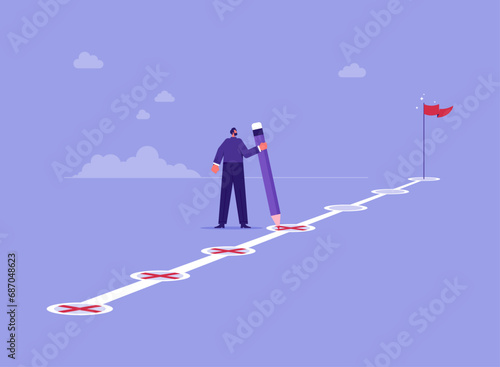 Project tracking, goal tracker, task completion or checklist to remind project progress concept, businessman holding big pencil to check completed tasks in project management timeline