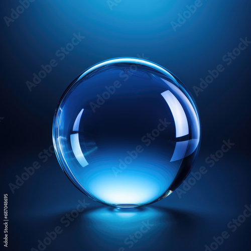 Clear shiny empty crystal glass ball on blue background with light reflections