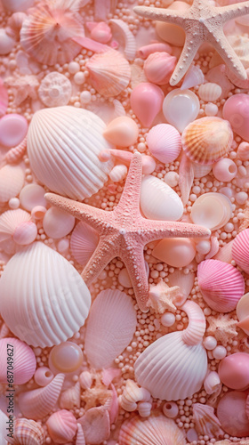 Seashells and starfish on pink background. Top view.