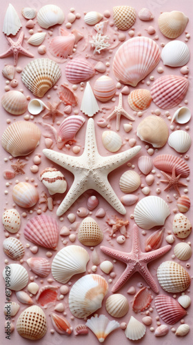 Seashells and starfish on pink background, top view