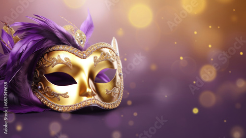 Mardi Gras mask with purple feathers on bokeh background