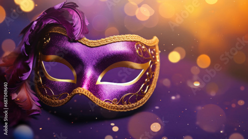 Purple carnival mask with feathers on bokeh background.