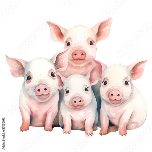 Cute Pigs Group Watercolor Clipart Illustration