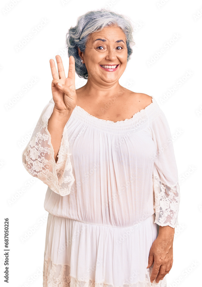 Senior woman with gray hair wearing bohemian style showing and pointing up with fingers number three while smiling confident and happy. Senior woman with gray hair wearing bohemian style showing and pointing up with fingers number three while smiling confident and happy.