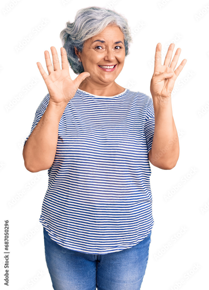 Senior woman with gray hair wearing casual striped clothes showing and pointing up with fingers number nine while smiling confident and happy. Senior woman with gray hair wearing casual striped clothes showing and pointing up with fingers number nine while smiling confident and happy.