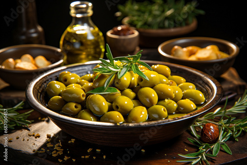 Bowl of green olives with rosemary and olive oil.