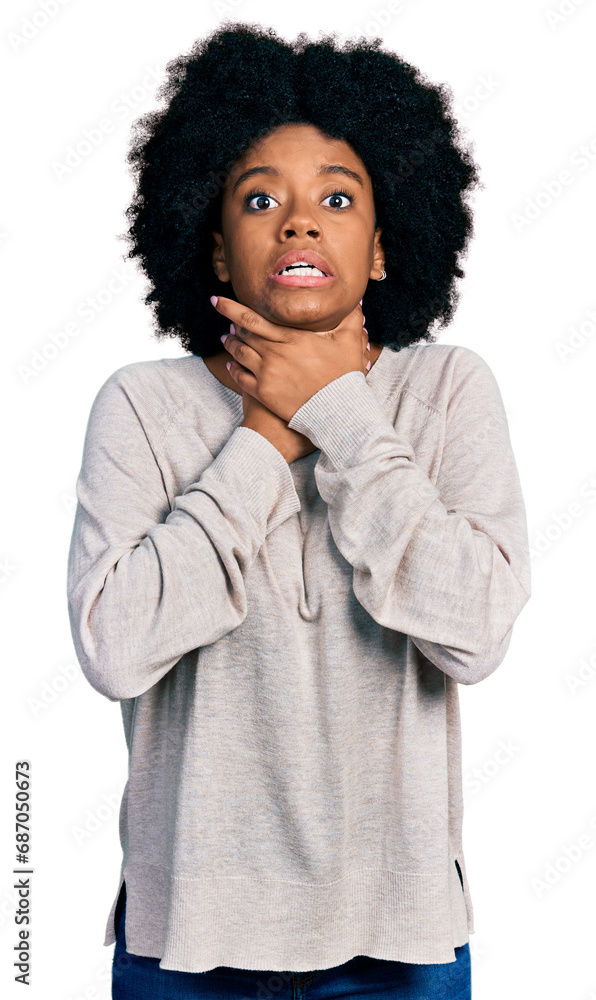 Young african american woman wearing casual clothes shouting and suffocate because painful strangle. health problem. asphyxiate and suicide concept. Young african american woman wearing casual clothes shouting and suffocate because painful strangle. health problem. asphyxiate and suicide concept.