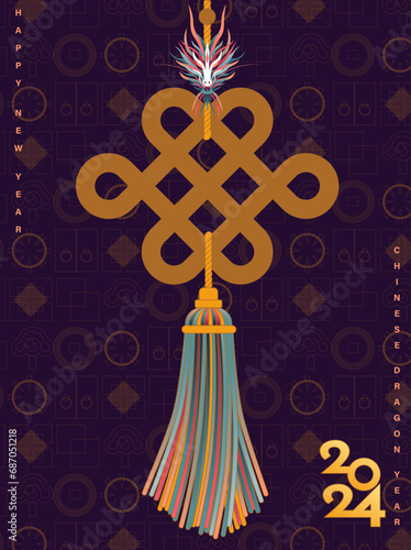 Celebrating the 2024 Chinese New Year with a golden Chinese knot featuring a gradient colored dragon head and tassels on a background of traditional Chinese lucky symbols