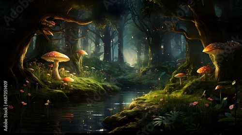 Mystical Forest Scene, Magical Mushrooms, Enchanted Woodland, Fairy Tale Ambiance
