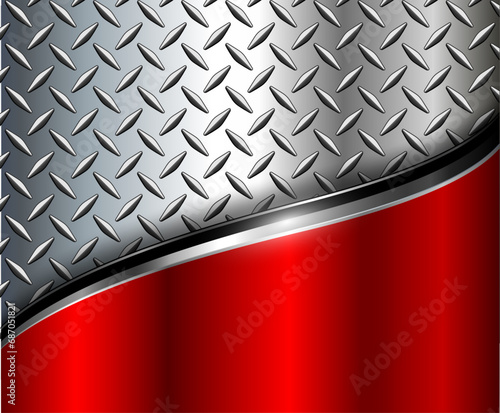 Silver red metal background with chrome shiny diamond plate pattern texture.