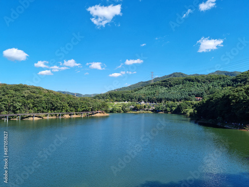 It is a landscape with a wide lake.