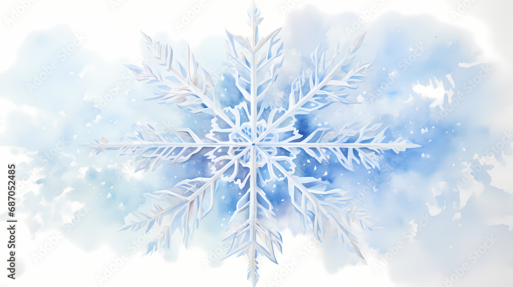 An artistic watercolor painting of a single snowflake, oversized on an off-white canvas An artistic watercolor painting of a single snowflake, oversized on an off-white canvas