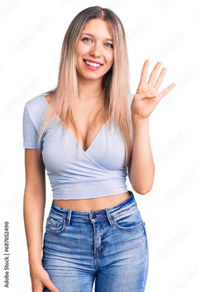 Young beautiful blonde woman wearing casual clothes showing and pointing up with fingers number four while smiling confident and happy. Young beautiful blonde woman wearing casual clothes showing and pointing up with fingers number four while smiling confident and happy.
