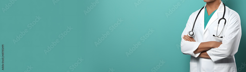 Doctor with Stethoscope on Light Blue Background - Ideas for Banner Doctor with Stethoscope on Light Blue Background - Ideas for Banner