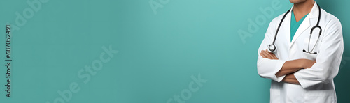 Doctor with Stethoscope on Light Blue Background - Ideas for Banner