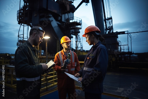 engineers discussing on a project with oild and gas refineries background photo