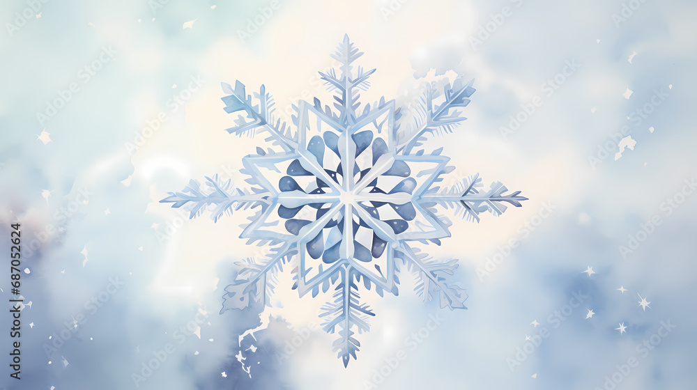 An artistic watercolor painting of a single snowflake, oversized on an off-white canvas An artistic watercolor painting of a single snowflake, oversized on an off-white canvas