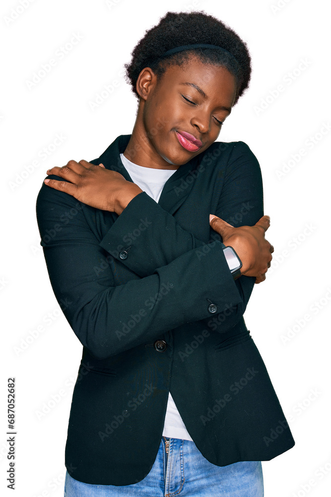 Young african american girl wearing business clothes hugging oneself happy and positive, smiling confident. self love and self care Young african american girl wearing business clothes hugging oneself happy and positive, smiling confident. self love and self care